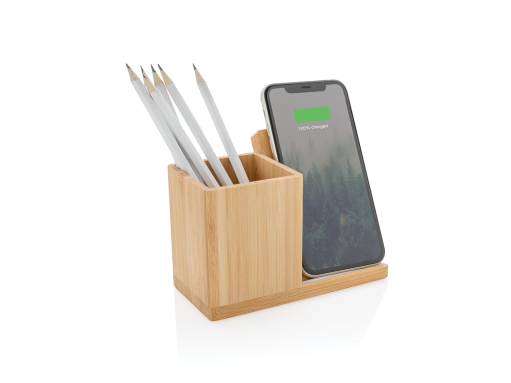 Desk stand with bamboo wireless charger